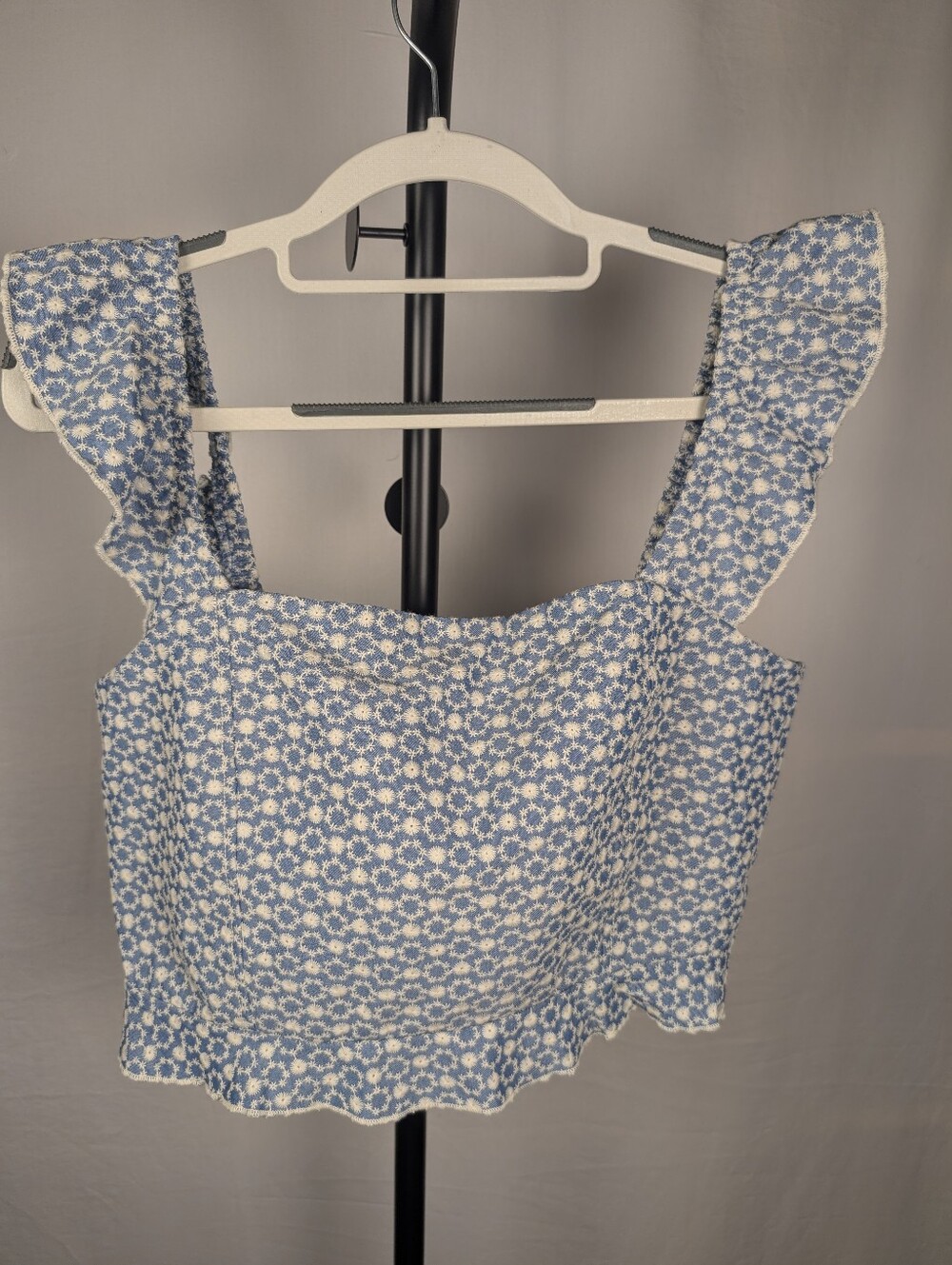 Kirious Blue White Floral Embroidered Tie Back Crop Top XL A-200 - Picture 2 of 11